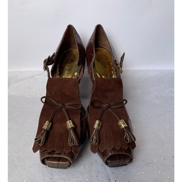 BCBG Brown Croc Embossed Platform Peep Toe Sandal Fringe Tassel - Size 7 Heels - Picture 4 of 16
